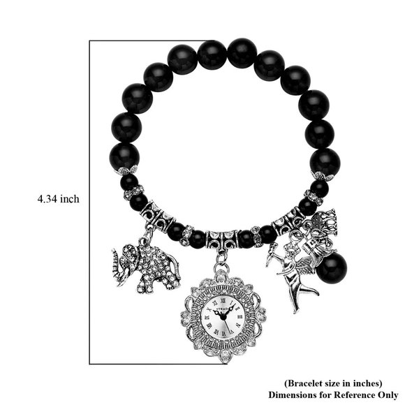 NIB Black Agate, Austrian Crystal Bracelet Watch with Elephant and Angel 7-7.5\
